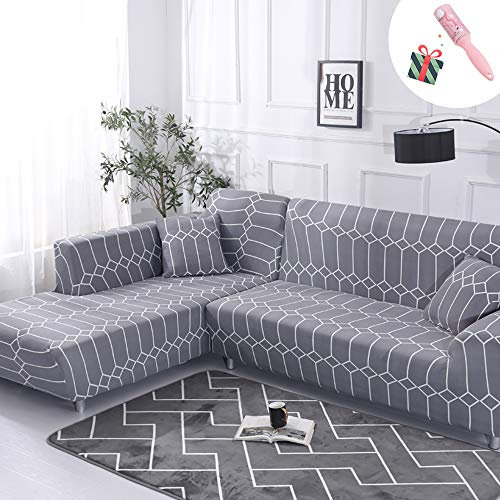 Elastisch Sofa Überwürfe Sofabezug, Morbuy Ecksofa L Form Stretch Antirutsch Armlehnen Sofahusse Sofa Abdeckung Hussen für Sofa Couchbezug Sesselbezug (4 Sitzer,Graue Geometrie)