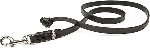 Hundeleine Leder 10m große Hunde – Schleppleine [ohne Handschlaufe] Lederleine Hund geflochten leicht – Führleine & Trainingsleine aus robustem Rindsleder mit Chrom Karabiner, Dog Leash 12mm, Schwarz
