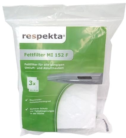 Respekta Fettfiltermatte für Dunstabzugshauben / 3 Stück im Set / Fettfilter Dunstabzugshaube für Umluftbetrieb / mit maximalem Fettabscheidegrad / MI 152 FN