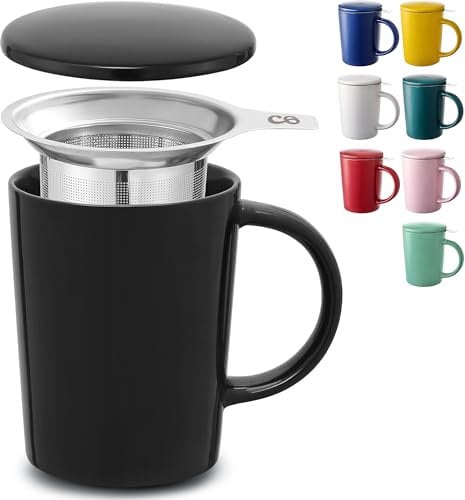 Cosumy Tazza di Ceramica con Filtro e Coperchio - 400ml Grande - Con Manico - Lavabile in Lavastoviglie - Per Tè e Infusi (Nero Notte)