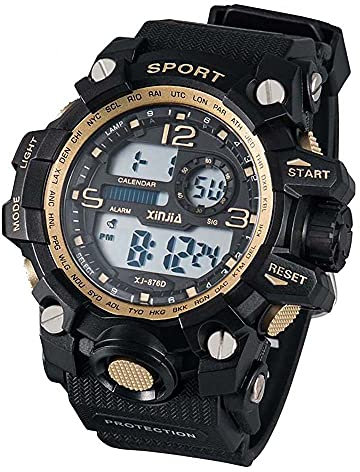 Reloj deportivo para hombre, sumergible, digital, alarma, retroiluminación, visión nocturna XJ-876D. Color del borde y números: dorado