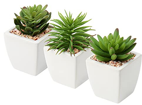 Lot de 3 Plantes Artificielles Succulentes Artificielles en Pot en Céramique, Succulentes Artificielles Mini Plantes Artificielles en Pot pour Salle de Bain Étagère Cuisine Patio, Hauteur 11,5 cm