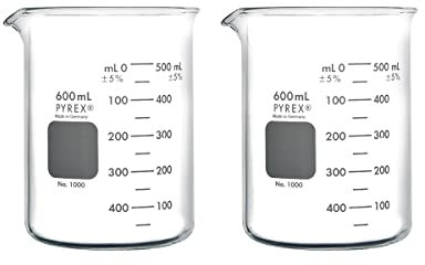 PYREX Griffin Borosilicate Glass Beaker- Low Form Graduated Measuring Beaker with Spout– Premium Scientific Glassware for Laboratories, Classrooms or Home Use - PYREX Chemistry Glassware, 600mL, 2/Pk