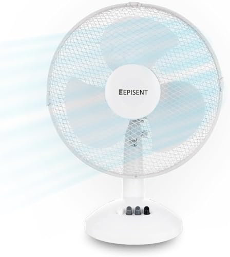 EPISENT 12 Desk Fan – Quiet Portable Oscillating Table Fan with Adjustable Tilt & 3 Speeds – Silent Cooling Fan for Bedroom, Office & Kitchen – WHITE