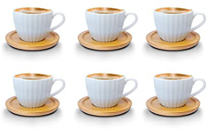 Kaffeetassen Espressotassen Cappuccinotassen mit untersetzer Holz Optik Porzellan 6 Tassen + 6 Untersetzer Weisse Kaffeetassen Set (Tasse 100 ml - Model 1)