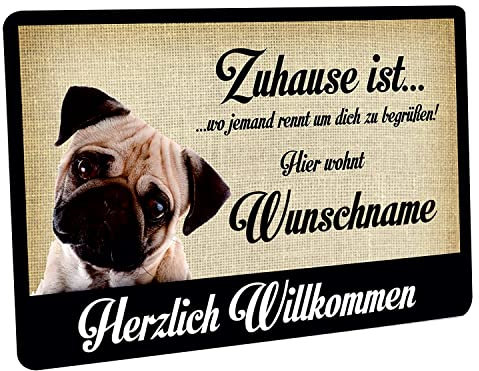 Crealuxe Fussmatte Mops Zuhause ist wo jemand rennt um Dich zu begrüßen - (Wunschname/Wunschtext) - Fussmatte Bedruckt Türmatte Innenmatte Schmutzmatte