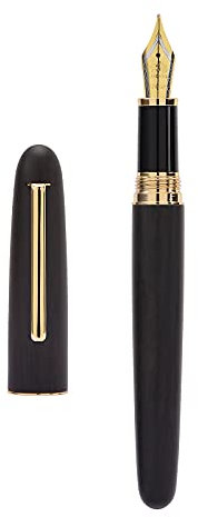 Jinhao 9036 Fountain Pen Bent Nib Fude Pen, Handmade Black Natural Wood Barrel with Converter and Small Pen Bag