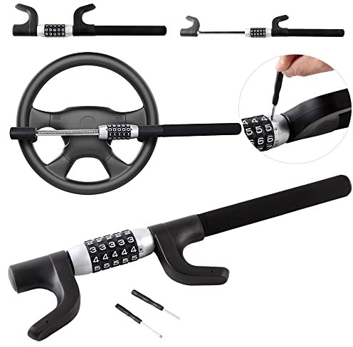 Universal Steering Wheel Lock 5 Digit Combination Steering Wheel Lock car Anti-Theft Steering Wheel Lock Steering Lock Password Steering Wheel Lock Keyless for Cars, Trucks, SUV, Golf Carts, Trailers