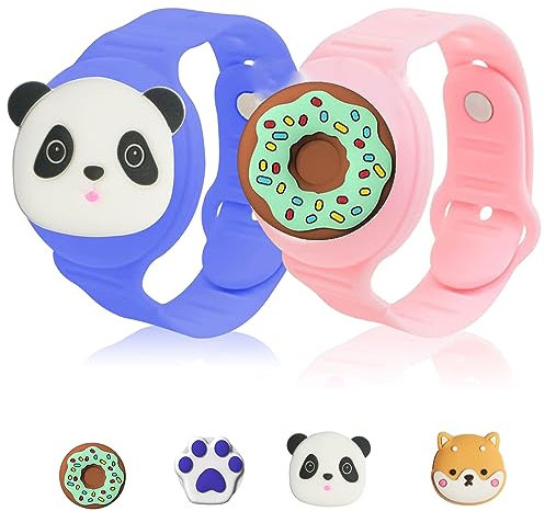 AirTag Kinder Armband (2 Pack), Fhtase Air Tag DIY Armband niedlich Cartoon Kleinkind Kind versteckt verstellbare Uhr Band Silikonhülle für Kinder (rosa, blau)