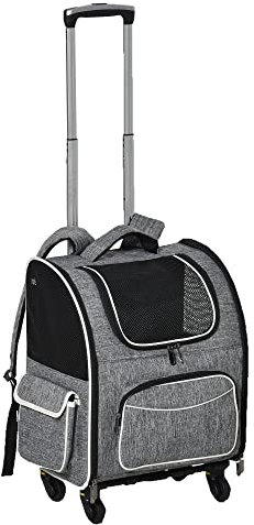 PawHut Trasportino Per Cani con Ruote, Porta con Cerniere e Finestra a Rete, Design 2 in 1 Borsa Trolley, in Tessuto Oxford e Poliestere, 43x33x51.5 cm