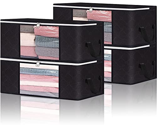Vieshful 4 Stück Faltbare Aufbewahrungstasche 35L Durchsichtige Fenster Tragegriffe Unterbett Ideal für Bettdecken Decken Kissen Plüschtiere Jacken Kleidung Schwarz