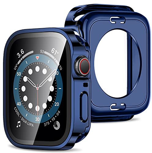 Amizee 2 in 1 Cover [2 Pezzi] Compatibile con Apple Watch Series 6/5/4/SE 3 2 1 44mm con Vetro Temperato, PC Rigido Copertura Completa Custodia Protettiva per Apple Watch - Blu