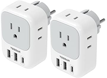 TESSAN 2 Pack Type E F Plug Adapter, Germany France Power Travel Adaptor with 3 USB Charger(1 USB C PD 20W), 4 Outlets Schuko Plug for US to Europe Spain Iceland Korea Greece Russia German French
