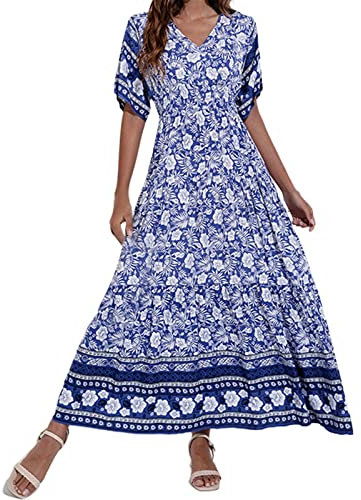 NNGOTD Robe Été Femme Mi Longue Chic Bohème Vintage Col V Manches Courtes Casual Imprimé Fleurie Maxi Mode De Plage Soirée Cocktail