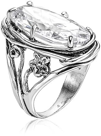 Statement-Ring aus 925er-Sterlingsilber mit weißem, ovalem, kubischem Zirkonia, CZ-Blumenmuster, Vintage-Antik-Look, hypoallergen, nickel- und bleifrei, handwerklich gefertigte Designer-Kollektion