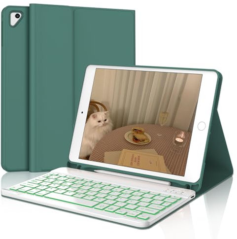 IVEOPPE Funda Teclado iPad 6 Generación 9.7“, Teclado Español Ñ Bluetooth Retroiluminados Desmontable para iPad 6 Gen 2018/5 Gen 2017/Air 2/Air 1/Pro 9.7, Verde Oscuro