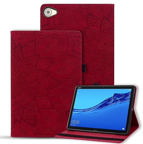 Vaitasy Hülle Huawei MediaPad M5 Lite 10 10.1 Zoll 2018 Schutzhülle Anti-Kratzer PU Leder Flip Hülle mit Ständerfunktion für MediaPad M5 Lite 2018 - Mandala Rot