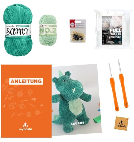 myboshi Häkelset Dino Saurus, Amigurumi Set für Fortgeschrittene, inkl. Samt, No.2 Garn, Häkelnadeln, Füllwatte, Anleitung, Label, 100% Polyester, Grün mit Häkelnadel