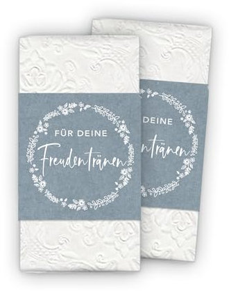 50 Freudentränen Banderolen + Klebepunkte zum verschließen - Kranz weiß Kraftpapier Look blau - Für Taschentuch Gastgeschenke Hochzeit & Taufe - Kirche Trauung Kommunion