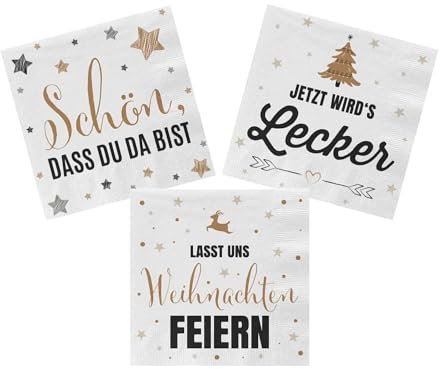 Servietten 60 Stück mit 3 verschiedenen Motiven - Weihnachten - Tischdeko Papierservietten 3er Set mit Spruch - Papier Tuch 3-lagig mit Text bedruckt
