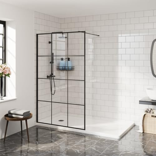 Aquariss 1100 mm Black Grid Wet Room Shower Screen 8 mm Easy Clean Glass | Frameless Shower Screen Glass Panel for Wet Room, Walk In Shower Screen Cubicle Enclosure, Wet Room Shower Screen Reversible