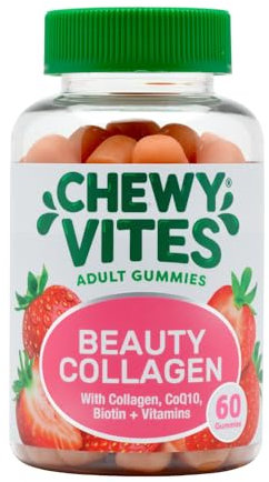 Chewy Vites Beauty Collagen, 60 Hydrolised Collagen Gummies, Hair, Skin, Nails Supplements for Women, with CoQ10, Biotin, Vitamins C, E and A, 1 Month Supply, Real Fruit Juice, Berry Flavour