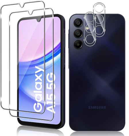 Vanrain Verre Trempé pour Samsung Galaxy A15 5G/4G, 2+2 Pièces Protection D'écran Film et Caméra Arrière Protecteur, 9H Dureté Haute Définition Sans Bulles