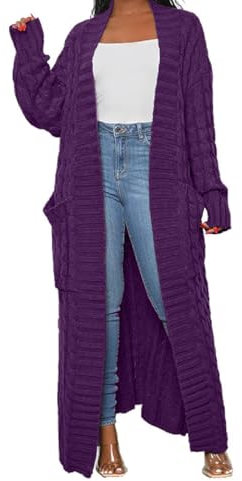 HRESSLBD Cardigan da donna sottile ed elegante, lavorato a maglia, doppio extra lungo, maxi cardigan con 2 tasche, Cardigan - viola, XL