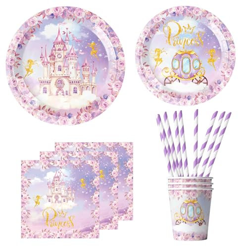 Schloss Prinzessin Geburtstag deko partygeschirr set,60 kindergeburtstag deko einschließlich pappteller kindergeburtstag Tassen servietten rosa,Strohhalme Geeignet für Prinzessin Geburtstag party