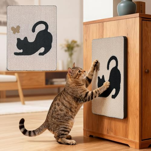 Ownpets Wall-Mounted Cat Scratcher,White, 44cm x 34cm | Cute Design，Furniture Scratch Protection, Peel-and-stick Installation, Durable Cardboard Surface, for Glass/Wood/Tile/Floors
