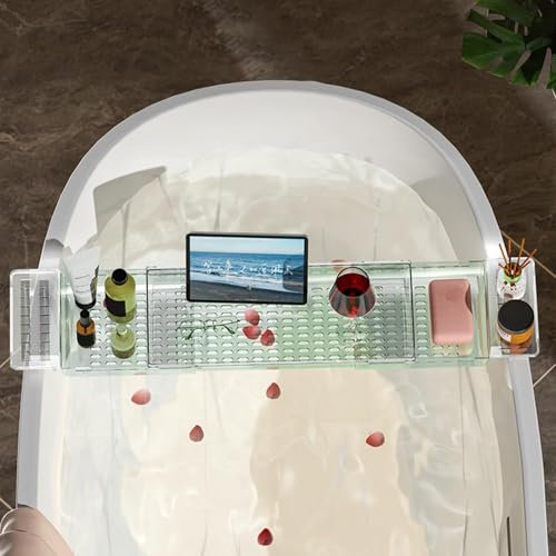 Badewannenablage Badewannentablett Ausziehbar Klare, Badewannen Ablagen Badewannen Zubehör Mit Ablaufdesign,Badewannentisch Für Weingläser Tablet-Telefone Kerze Buch