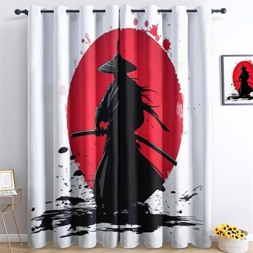 Générique Rideaux Occultants Chambre L 280 x H 245 cm, Samouraï Japonais avec Soleil Rouge Rideau Thermiques Isolants, Rideaux Lavables Style Japonais, pour de Chambre d'enfant et du Salon DéCorer
