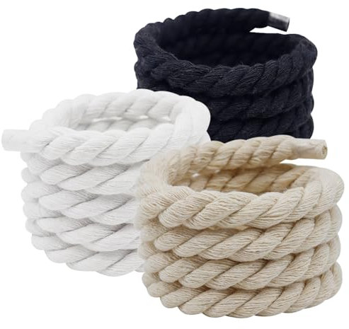 BORISCA 3 Paires Lacets Corde, 8 mm 150 cm Gros Lacets en 3 Couleurs Rope Laces, Gros Lacet Corde pour Sneakers Baskets (Noir, Blanc, Beige)