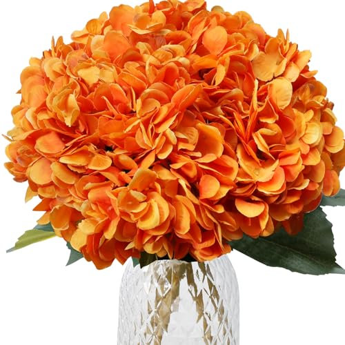 merakdoira Lot de 6 fleurs artificielles d'hortensia en soie pour fête de mariage, bureau, décoration d'intérieur (orange)