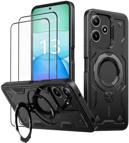 KANSi Hülle für Xiaomi Redmi 13 / Redmi 12 / Poco M6 4G mit Schutzglas*2, Militär Handyhülle Ständer Stoßfest Gehäuse mit Metallring Ringhalterung - Panzerhülle Schwarz