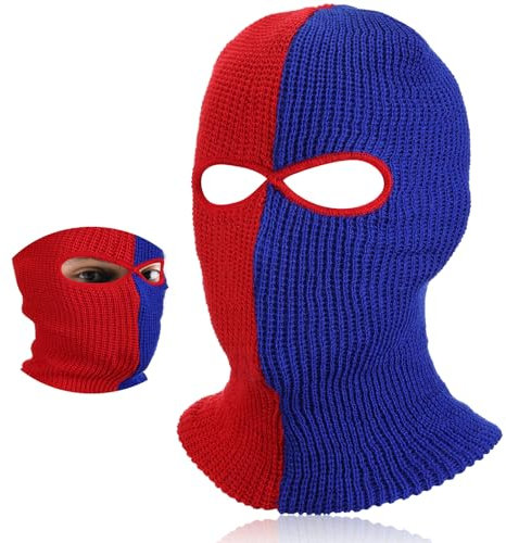 BBTO Gestrickte Skimaske Winter Sturmmaske Ski Sturmhaube mit 2 Löchern Ski Gesichtsabdeckung für Draußen Outdoorsports Radfahren Snowboarden für Motorradfahren(Rot und Blau,Klassischer Stil)