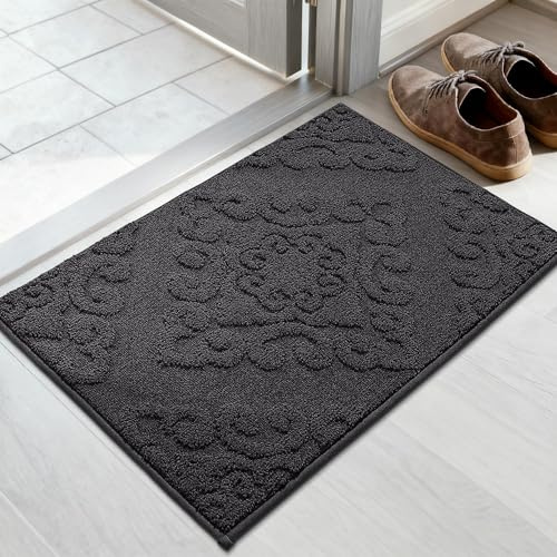 COSY HOMEER Fußmatte Innen 50 x 80 cm, Schmutzfangmatte Dunkelgrau | Dezentes florales Reliefmuster, waschbar und rutschfest, saugfähiges Polyester, für Flur und Haustür