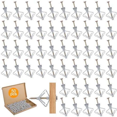 vsshe Viti e Tasselli per Cartongesso, 50pcs Tasselli Autofilettante per Cartongesso,Fissaggi per Cartongesso Autoperforanti,viti e tasselli per cavità a farfalla per fissare cornici,pannello,mattoni