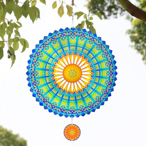TFANUO 3D Mandala Windspiel 30cm Edelstahl Hängender Windspinner Metallkunst kinetische Dekor Garten Draußen Dekorationen (Grün)
