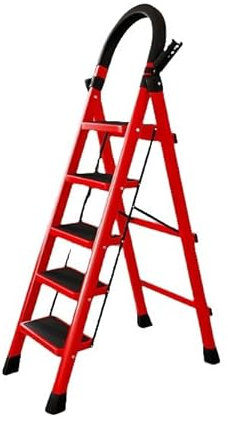 Scaletta a 5 gradini con piattaforma di lavoro, carico 150 kg, scaletta pieghevole, larghe gradini pieghevoli antiscivolo, sgabello in acciaio a piedi per adulti, rosso
