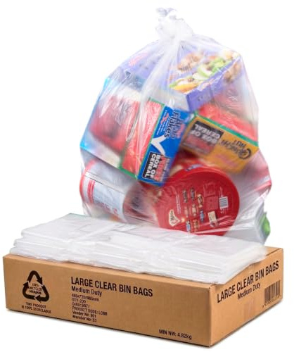 bag it Plastics 1000 Clear Bin Bags, Refuse Sacks for Kitchen, Home, Office | 90L Recycling Bags, Strong, Large, Transparent, Plastic Bags, Bin Liners for 40L 50L 60L 70L 80L 90L Bins, 18” x 29” x 39