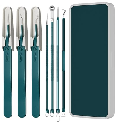 Mitesserentferner Set 7-tlg. Smbrige Pickelentferner | Pickel Ausdrücken Werkzeug für reine Haut | Blackhead Remover in Farbiger Box, Dunkelgrün