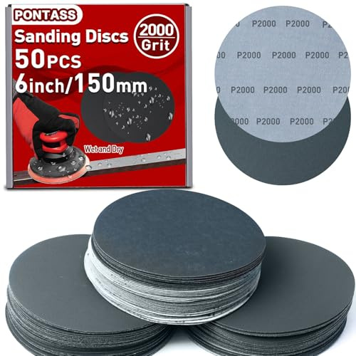 150mm Disques de Ponçage, Grain 2000 Disques Abrasifs Ronds 50 Pièces Papier de Verre Sec à l'eau Feuilles Abrasives pour Ponceuse Polissage Auto Mastic Plastique Vernis Métal Ponçage Sans Poussière