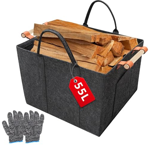 WJMY Holzkorb für Kaminholz Quadratisch, Kaminholzkorb Filz 55L(42x40x30cm), Faltbarer Brennholzkorb, Mit Holzgriff & Handschuhen, Extra Dicker Filz für Einkäufe und Brennholz