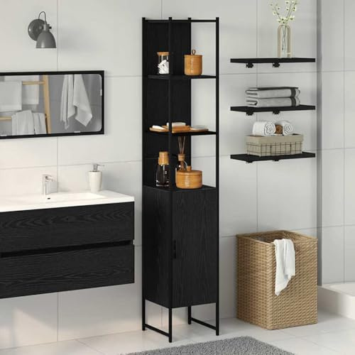 Hoopleep Badezimmer Spiegelschrank, Wandmontiert, Schwarze Eiche, 33 x 33 x 185.5 cm, mit 5 Regalen und 1 Tür, Kompaktes Badmöbel für Praktikabilität und Rustikalen Charme
