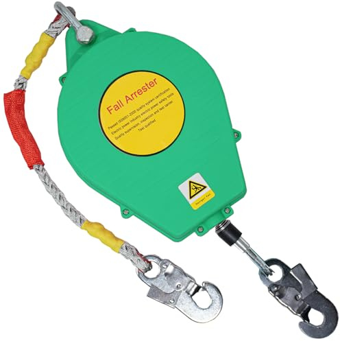 Aocay Absturzsicherung Dachdecker 150kg, Höhensicherungsgerät Absturzsicherung 3m/5m/7m/10m/15m/20m, Grün/Gelb Auffanggurt Absturzsicherung Einziehbar mit Selbstsicherndem Haken(Grün,10m)