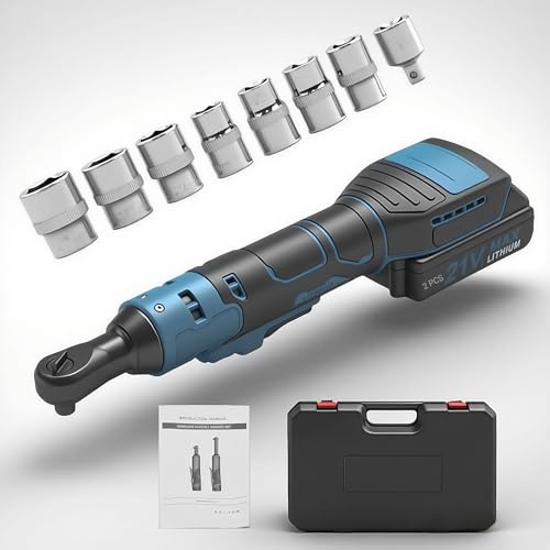 3/8'' Akku Ratsche 21V Elektrische Ratsche, Ratschenschlüssel-Set 70N.m mit 2×1300mAh 570W 0–400RPM, Inklusive 8 Steckschlüsseln, Werkzeugkoffer, Ladegerät, Akkuratsche für Profis und Heimwerker