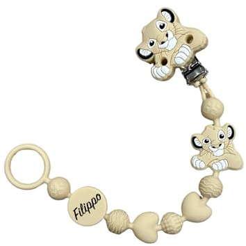 Schnullerkette aus Silikon mit Namen – Modell Bubble Charm – sicherer Clip – Geschenkidee zur Geburt – Löwe