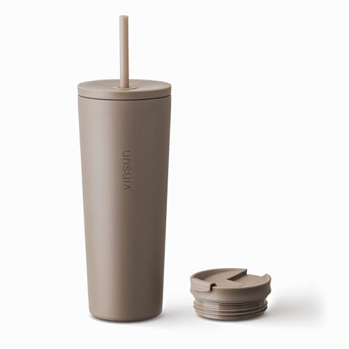 VINSUN Thermobecher Strohhalm 720ml Taupe inkl. 2 Deckel - Auslaufsicher