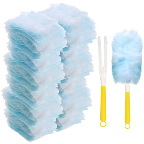 40 Pack Electrostatic Duster Refills with Handle, Disposable Dusting Kit | Soft synthetic fibres attract dust; 40 blue disposable refills plus yellow folding handle for blinds, cars and keyboards
